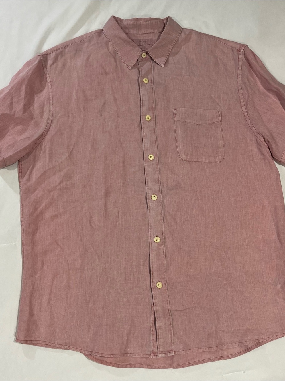 Lucky Brand Men Button Up Shirt Large Pink Linen Blend Short Sleeve Chambray
